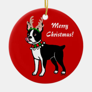 Boston Terrier Christmas Antlers Ceramic Tree Decoration
