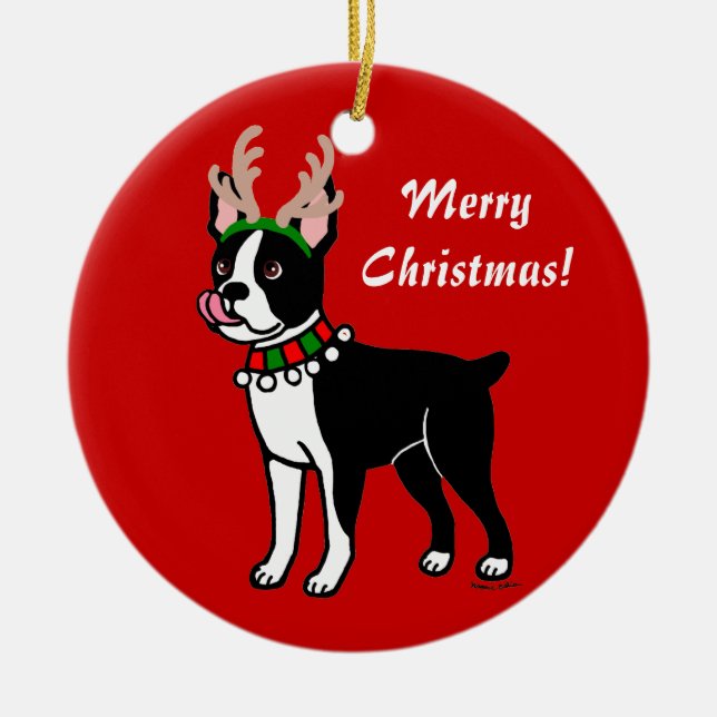 Boston Terrier Christmas Antlers Ceramic Tree Decoration (Front)