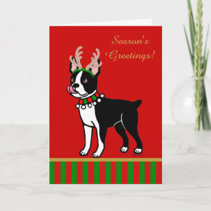 Boston Terrier Christmas Antlers Holiday Card