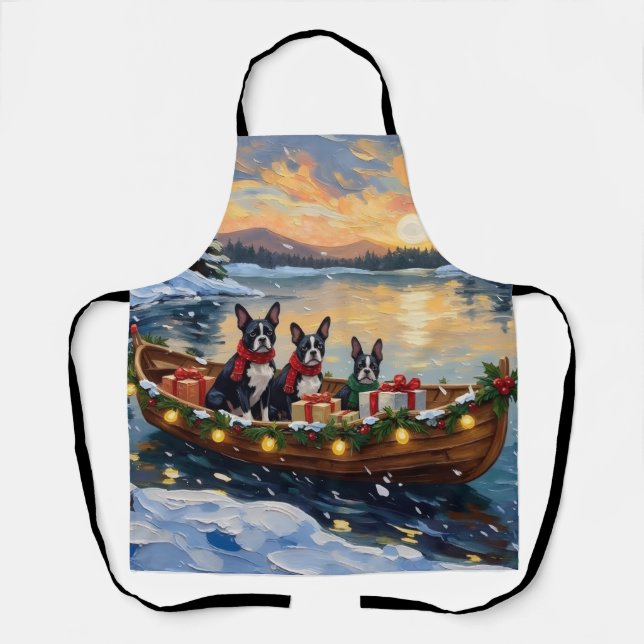 Boston Terrier Christmas Boat Holiday Apron (Front)
