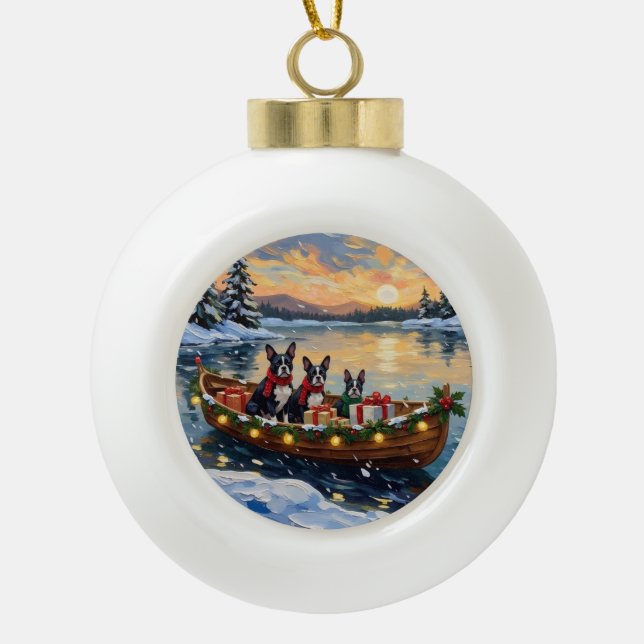 Boston Terrier Christmas Boat Holiday Ceramic Ball Christmas Ornament (Front)
