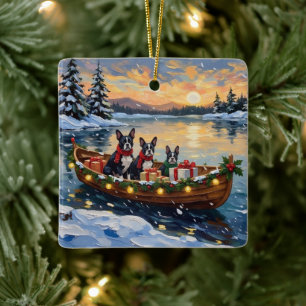 Boston Terrier Christmas Boat Holiday Ceramic Ornament