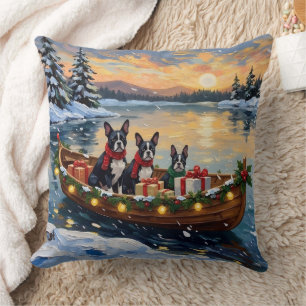 Boston Terrier Christmas Boat Holiday Cushion