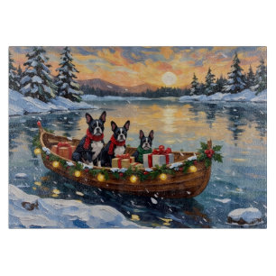 Boston Terrier Christmas Boat Holiday Cutting Board