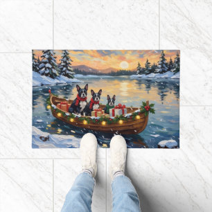 Boston Terrier Christmas Boat Holiday Doormat