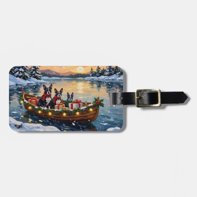 Boston Terrier Christmas Boat Holiday Luggage Tag (Front Horizontal)