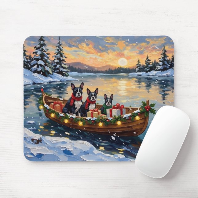Boston Terrier Christmas Boat Holiday Mouse Mat (With Mouse)