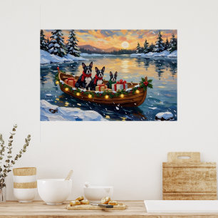 Boston Terrier Christmas Boat Holiday Poster