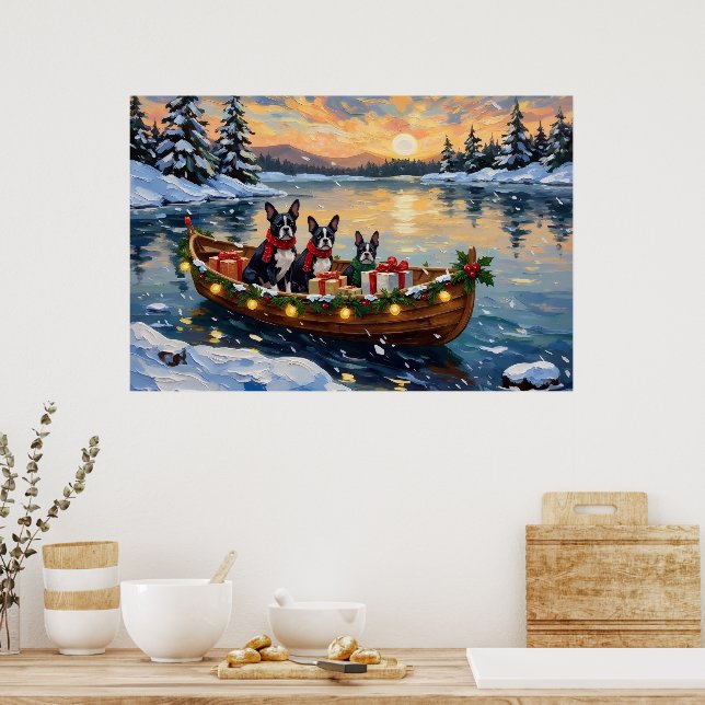 Boston Terrier Christmas Boat Holiday Poster (Kitchen)