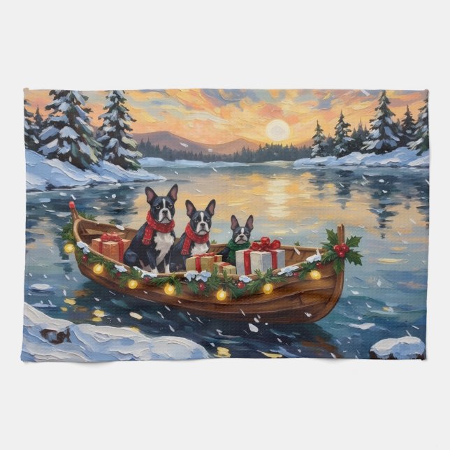Boston Terrier Christmas Boat Holiday Tea Towel (Horizontal)