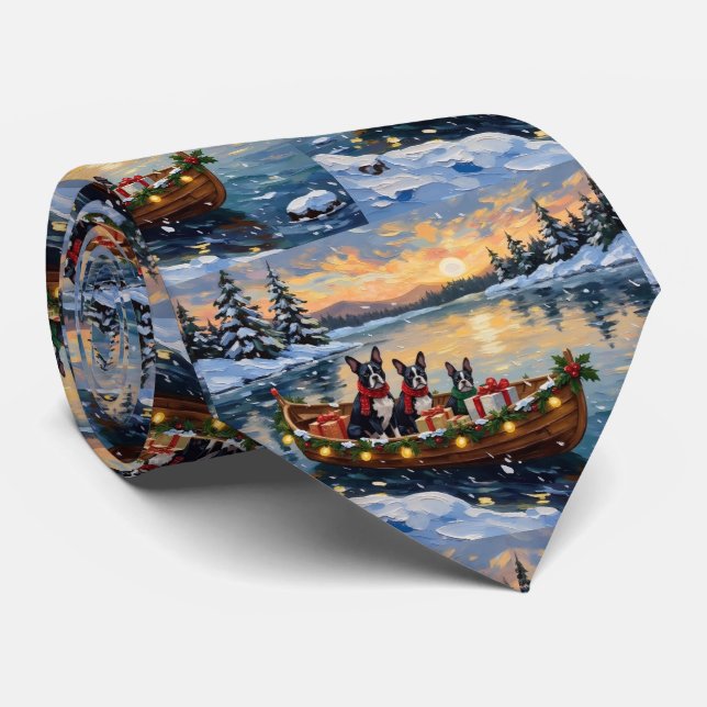 Boston Terrier Christmas Boat Holiday Tie (Rolled)