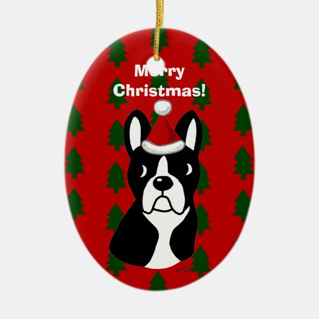 Boston Terrier Christmas Cartoon Ceramic Tree Decoration (Front)