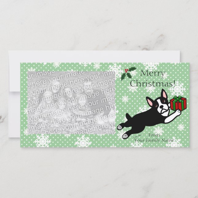 Boston Terrier Christmas Cartoon Photocards Holiday Card (Front)