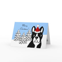 Boston Terrier Christmas Cartoon Snow Woods