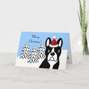 Boston Terrier Christmas Cartoon Snow Woods Holiday Card