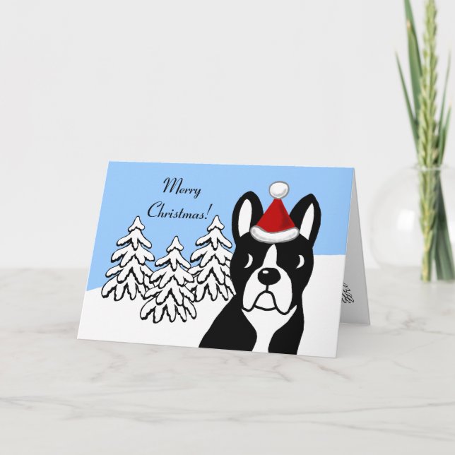 Boston Terrier Christmas Cartoon Snow Woods Holiday Card (Front)