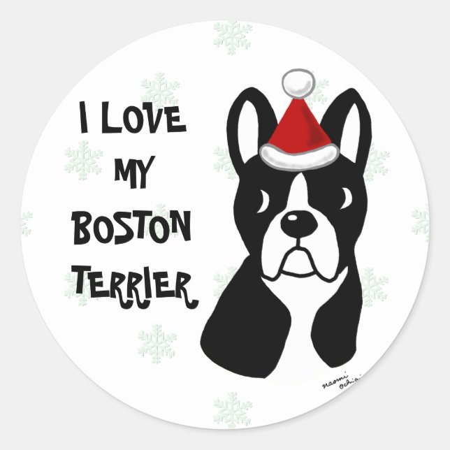 Boston Terrier Christmas Cartoon Snowflake Classic Round Sticker (Front)
