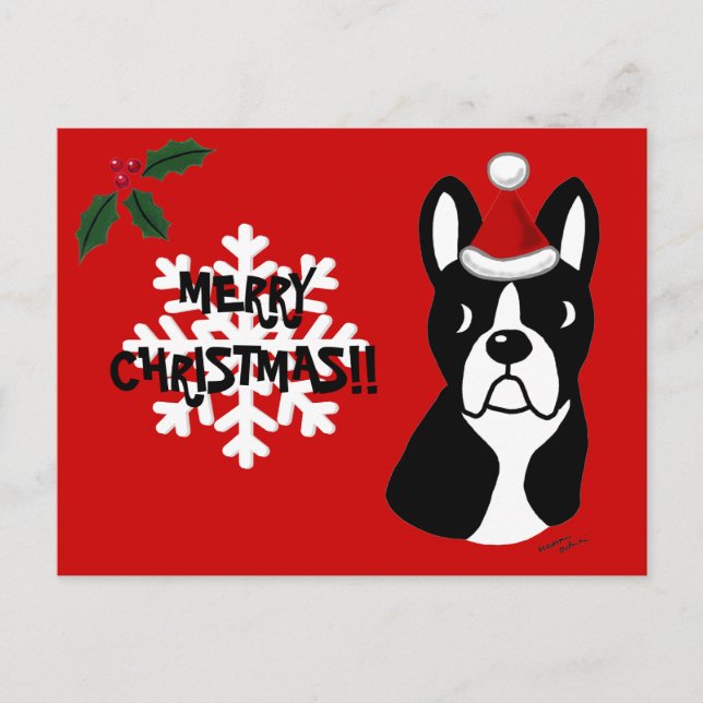 Boston Terrier Christmas Cartoon Snowflake Holiday Postcard (Front)