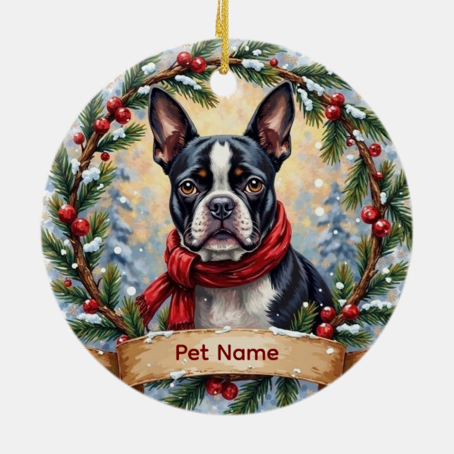 Boston Terrier Christmas Ceramic Tree Decoration (Back)