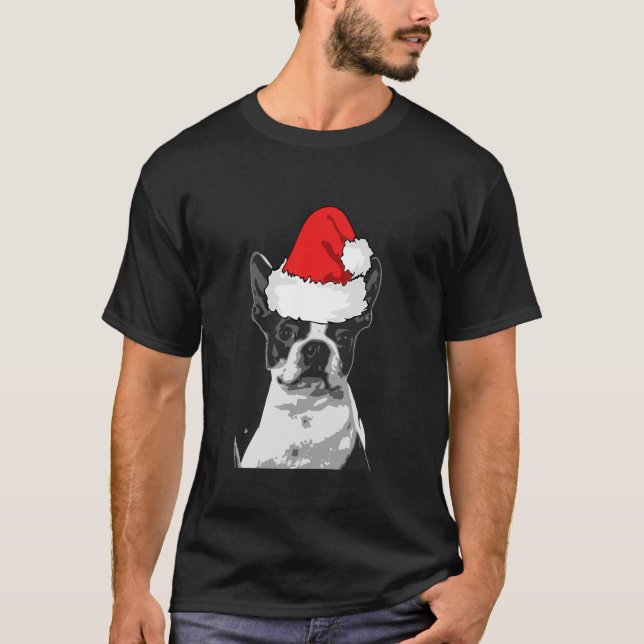 Boston Terrier Christmas Dog Santa Hat Xmas Men Wo T-Shirt (Front)