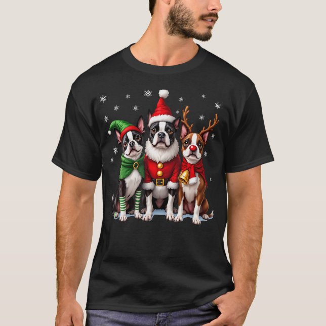 Boston Terrier Christmas Dogs Funny Santa Reindeer T-Shirt (Front)