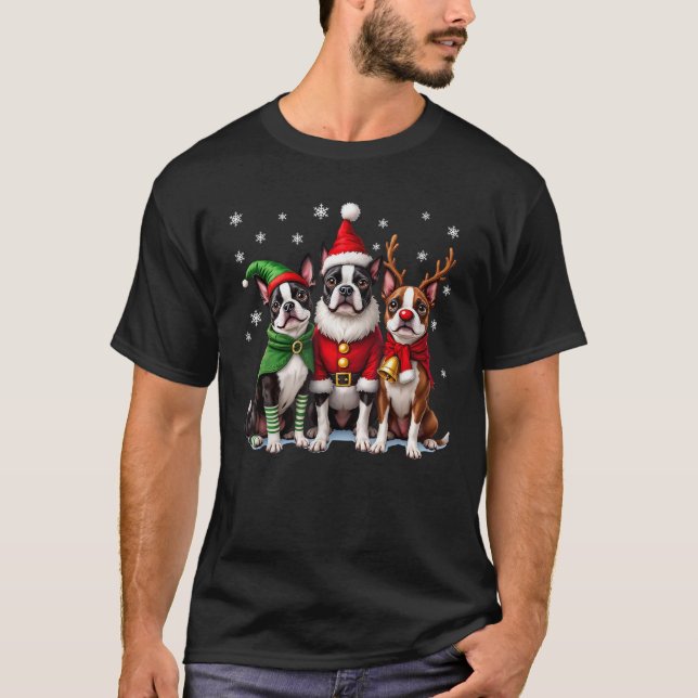 Boston Terrier Christmas Dogs Funny Santa Reindeer T-Shirt (Front)