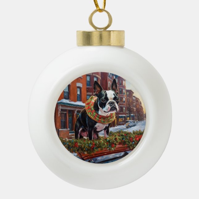 Boston Terrier Christmas Festive Season Ceramic Ball Christmas Ornament (Front)