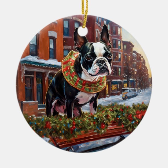 Boston Terrier Christmas Festive Season Ceramic Tree Decoration (Front)