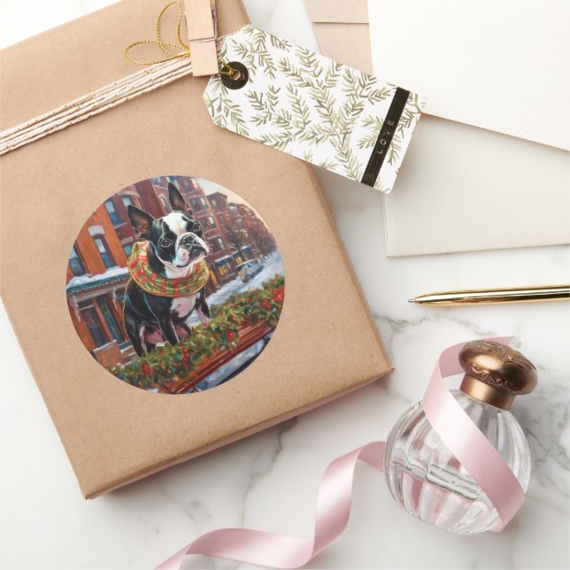 Boston Terrier Christmas Festive Season Classic Round Sticker (Gifting)