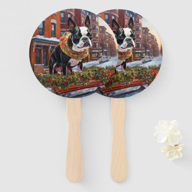Boston Terrier Christmas Festive Season Hand Fan (Front and Back)