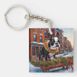 Boston Terrier Christmas Festive Season Key Ring