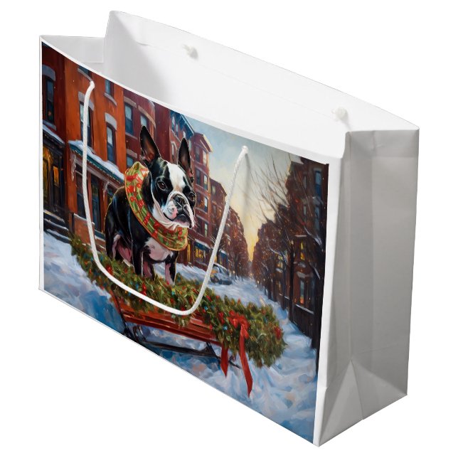 Boston Terrier Christmas Festive Season Large Gift Bag (Front Angled)