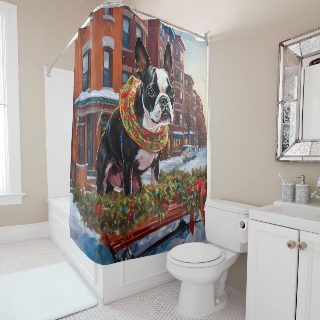 Boston Terrier Christmas Festive Season Shower Curtain (In Situ)