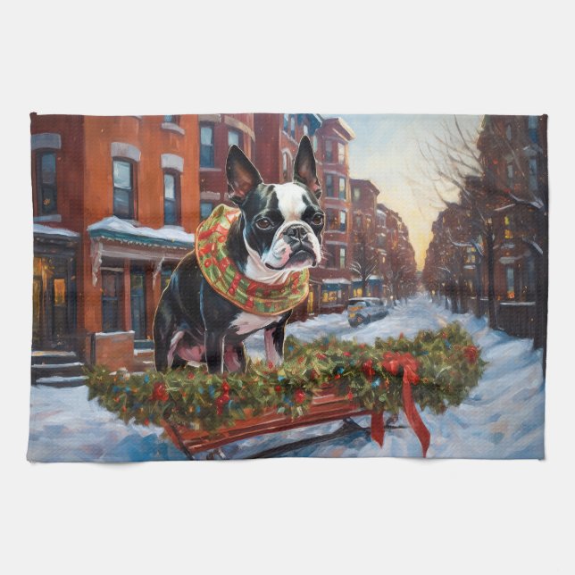 Boston Terrier Christmas Festive Season Tea Towel (Horizontal)