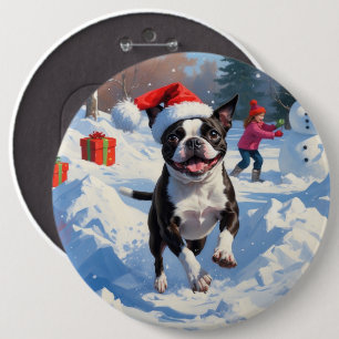 Boston Terrier Christmas Festive Snow Scene 6 Cm Round Badge