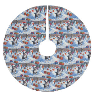 Boston Terrier Christmas Festive Snow Scene Brushed Polyester Tree Skirt