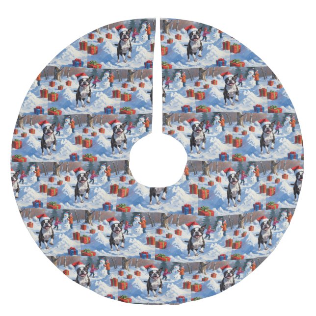 Boston Terrier  Christmas Festive Snow Scene Brushed Polyester Tree Skirt (Front)