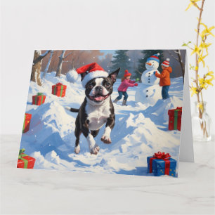 Boston Terrier  Christmas Festive Snow Scene Card