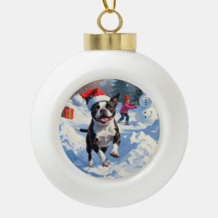 Boston Terrier  Christmas Festive Snow Scene Ceramic Ball Christmas Ornament