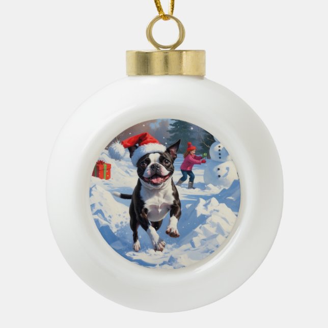 Boston Terrier  Christmas Festive Snow Scene Ceramic Ball Christmas Ornament (Front)
