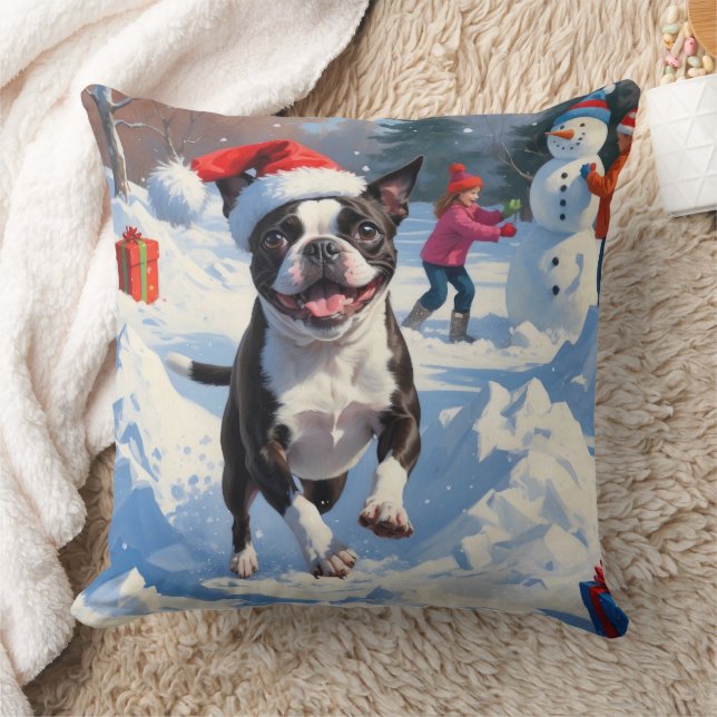 Boston Terrier  Christmas Festive Snow Scene Cushion (Blanket)