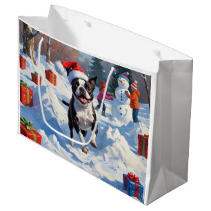 Boston Terrier Christmas Festive Snow Scene Large Gift Bag