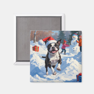 Boston Terrier  Christmas Festive Snow Scene Magnet