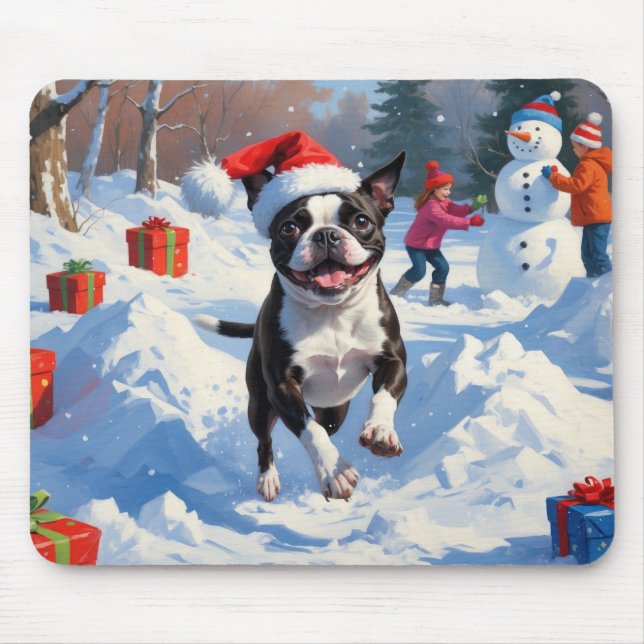 Boston Terrier  Christmas Festive Snow Scene Mouse Mat (Front)