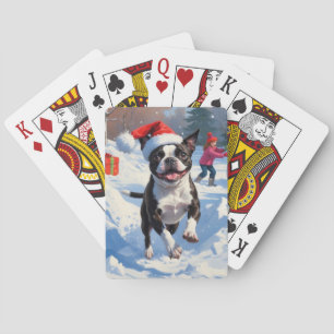 Boston Terrier Christmas Festive Snow Scene Playing Cards