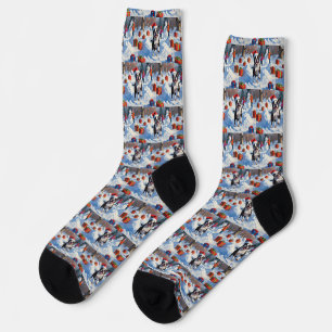 Boston Terrier  Christmas Festive Snow Scene Socks