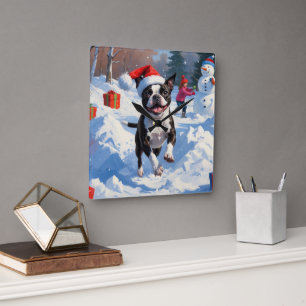 Boston Terrier Christmas Festive Snow Scene Square Wall Clock