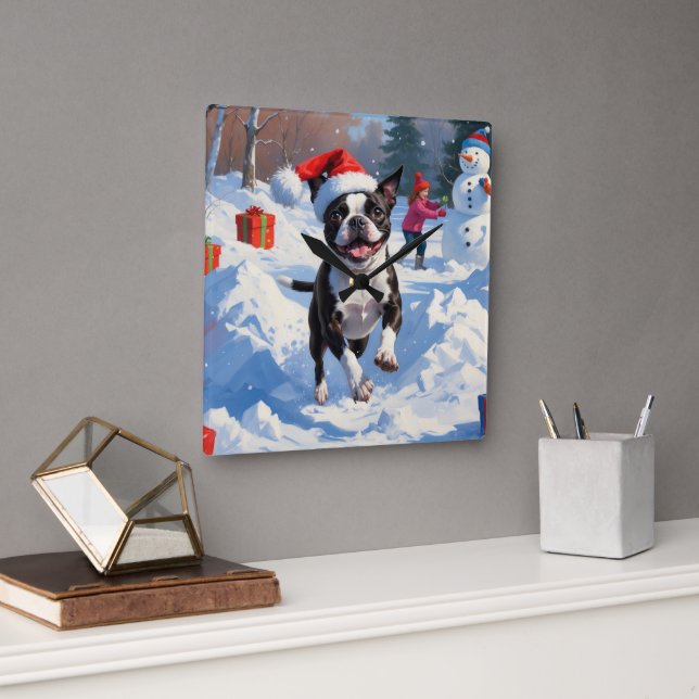 Boston Terrier  Christmas Festive Snow Scene Square Wall Clock (Office)