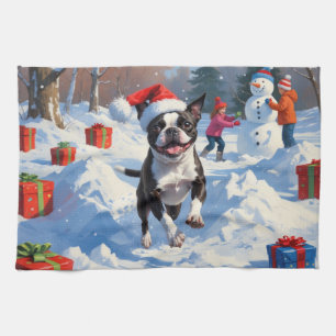 Boston Terrier  Christmas Festive Snow Scene Tea Towel