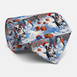 Boston Terrier Christmas Festive Snow Scene Tie